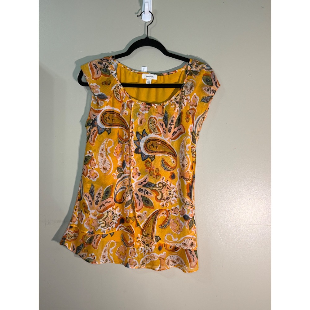 Tamara H Mustard Yellow Paisley Tiered Ruffle Sleeveless Blouse Medium